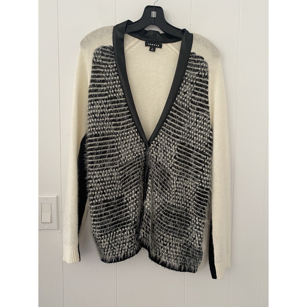 Trouve Ivory Black Angora Cardigan Sweater Snaps Women Medium Faux Leather Trim